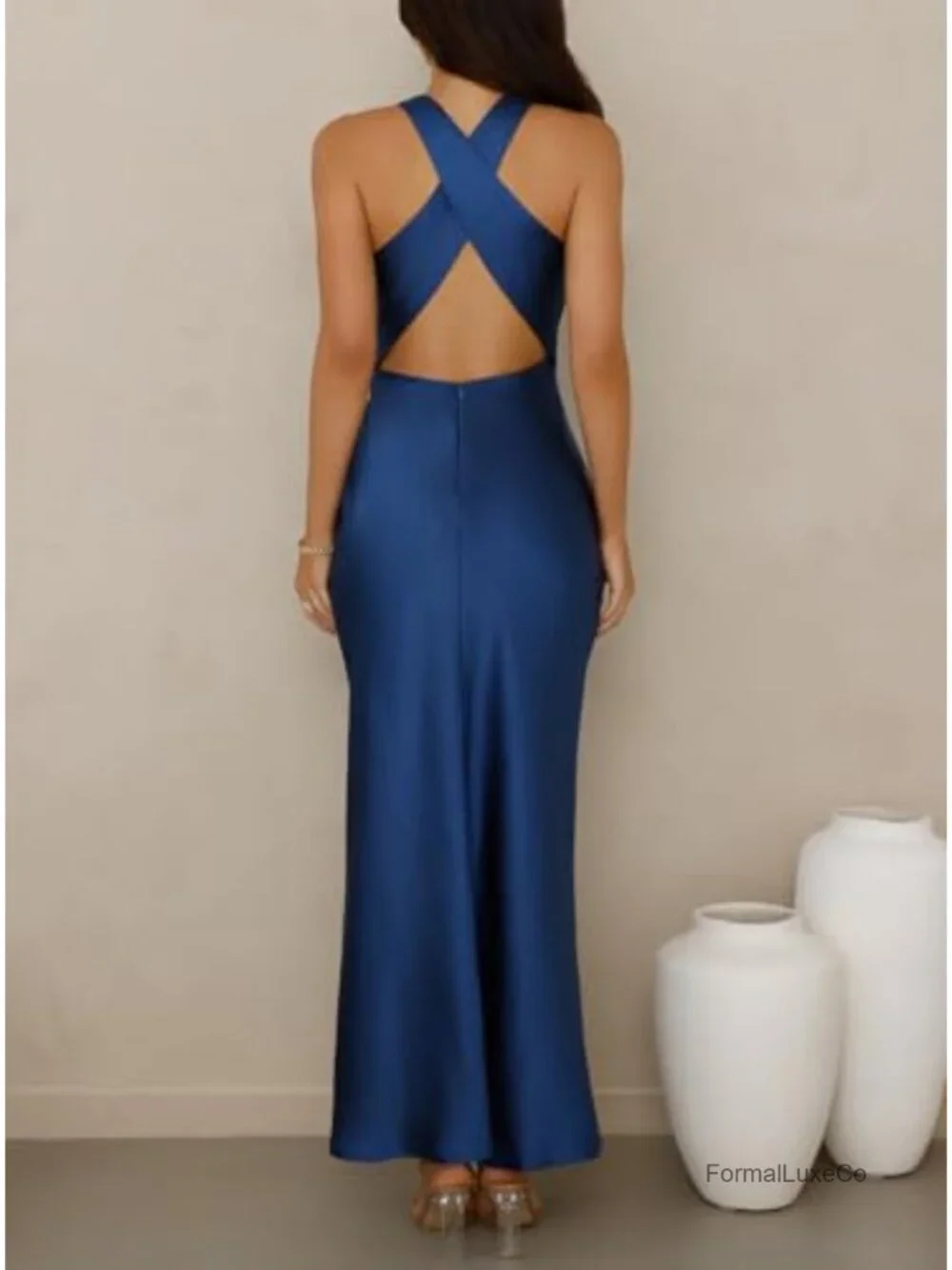 Satin High Neck Backless Maxi Dress Formal Wedding Guest Bridesmaid